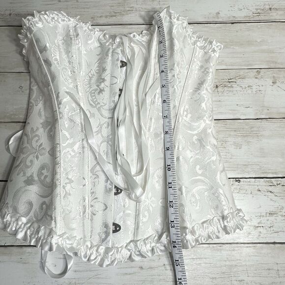 Pin Up White Jacquard Floral Lace Up Boned Frilly Corset Bustier Top S - Picture 8 of 16